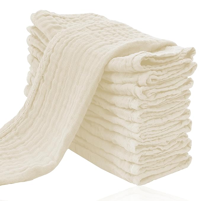Cute Castle 12 Pack Muslin Burp Cloths for Baby - Ultra-Soft 100% Cotton Baby Washcloths - Large 20'' by 10'' Super Absorbent Milk Spit Up Rags - Burpy Cloths for Unisex, Boy, Girl - Ivory