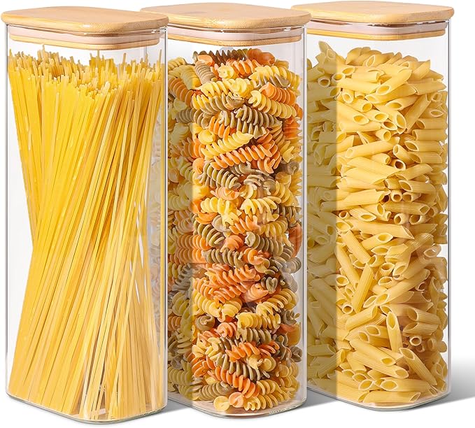 ComSaf 2.2 Qt Rectangle Glass Storage Containers with Lids, Glass Jars with Bamboo Lids, Clear Food Storage Jar, Tall Spaghetti Container, Pantry Storage Container for Pasta Flour Oats Nuts Rice