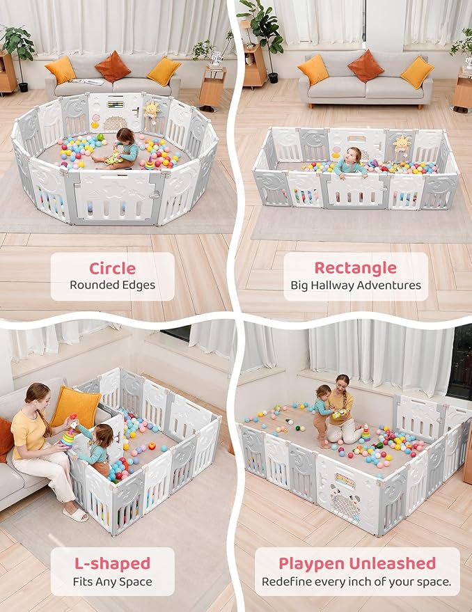 Baby Playpen, Dripex Baby Playard for Babies and Toddlers, 10-Panel Foldable Playpen Adjustable Portable Play Area, Indoor/Outdoor Kids Active Center with Game Panel & Safety Gate, Grey White