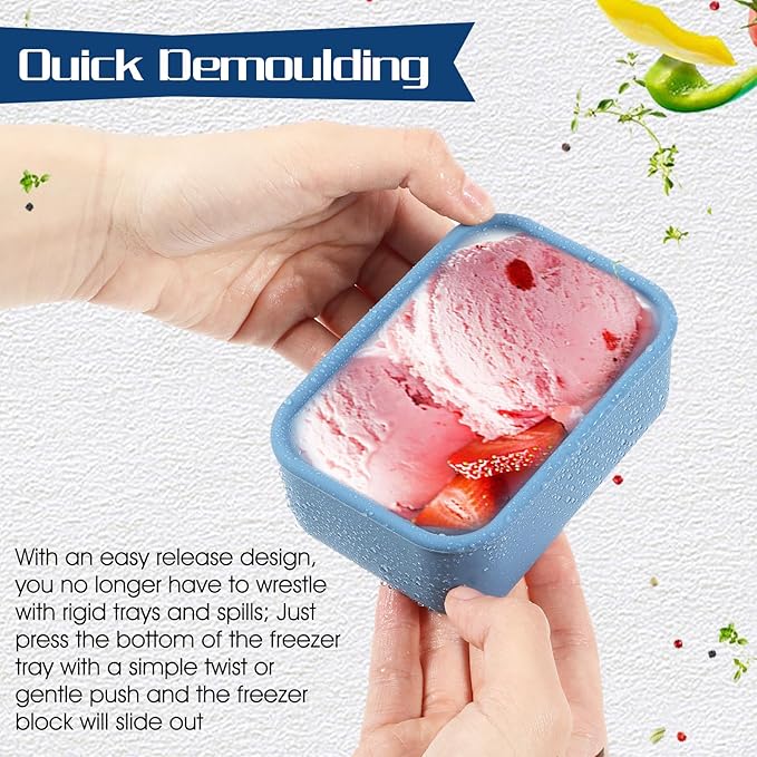 Lemecima 8 Pcs 1 Cup Silicone Freezer Trays with Lid - Rectangle Soup Freezer Containers - Reusable Food Preserving Tray - Freezing Ice Trays for Soups Sauces Stews (Sage Green, Dark Blue)
