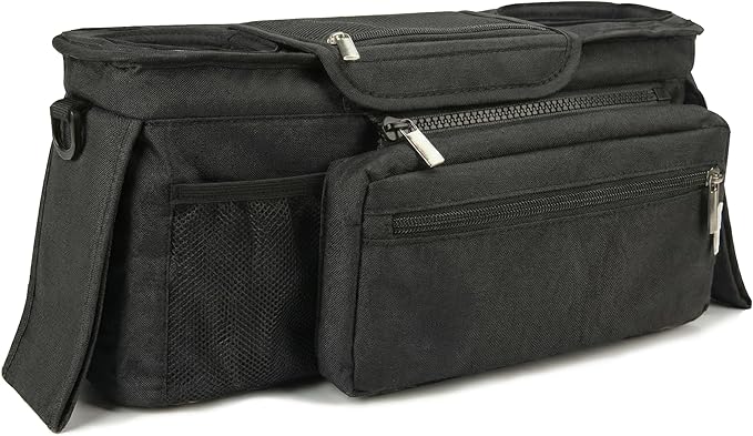 Universal Stroller Organizer, Black - 2 Insulated Cup Holders - Non-Slip Stroller Caddy Bag - Detachable Phone Pouch - Fits Uppababy, Nuna - New Mom Essentials
