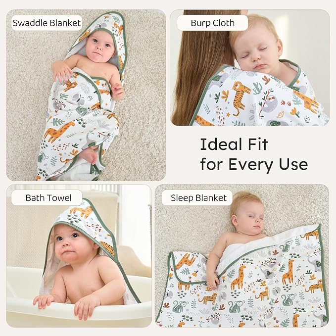 Hooded Baby Towels for Newborn,100% Cotton Baby Bath Towels with Hood for Infant Toddler Boy Girl, 2 Pack 32x32 Inch Soft & Absorbent Knit Terry Bath Essentials Green Giraffe