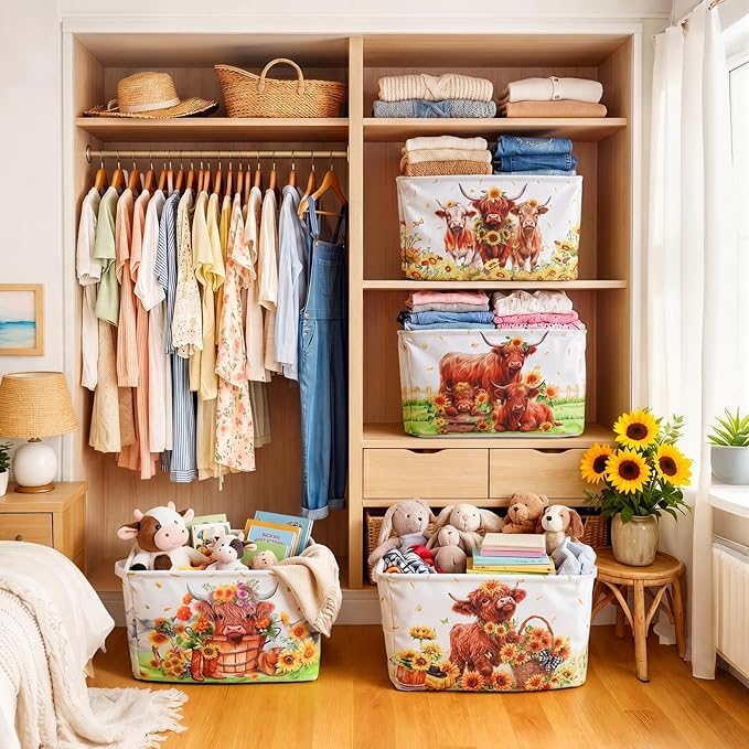 4 Pcs Highland Cow Storage Bin Collapsible Western Cow Themed Fabric Storage Basket with Handle American Country Style Organizer for Home Bathroom Bedrooms Baby Clothes Toys Books