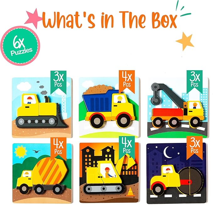 Klevly 6 PK Construction Wooden Toddler Puzzles Ages 2-4 | Wooden Puzzles for Toddlers 1-3 | Montessori Toys for 2 Year Old | Learning for 2+ Year Olds
