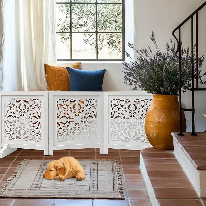 Free Standing Dog Gate for Doorway, Hallway, or Stairs – 60x24 Inch 3 Panel Folding Wooden Pet Gate, Decorative Lucy Design Dog Fence, White Antique Finish