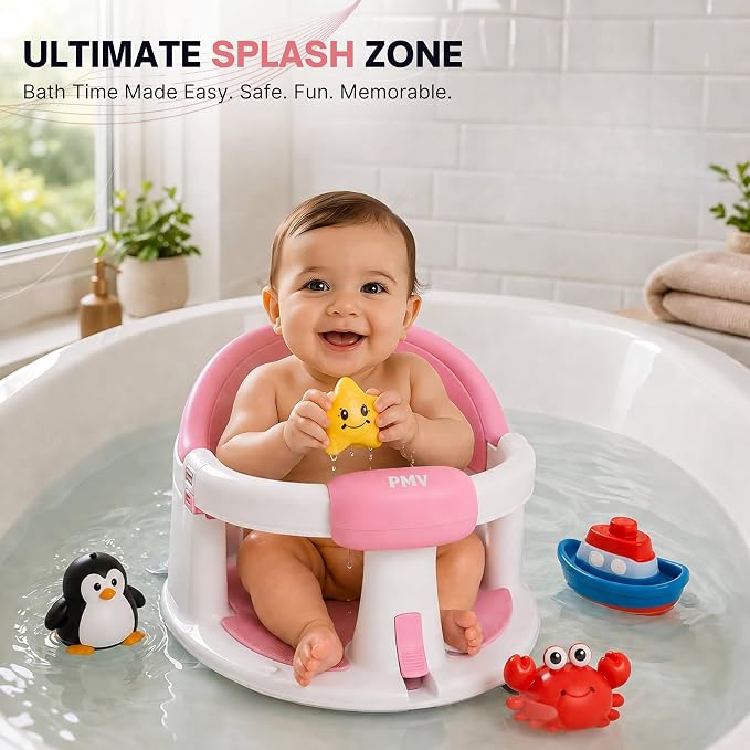 PMV Baby Bath Seat for Sitting Babies, Non-Slip Baby Bath Chair with 3 Suction Cups, Safe & Comfortable Toddler Bath Support Seat for Bath/Shower Use, Stable Design, Gray (6–24 Months) (Pink)