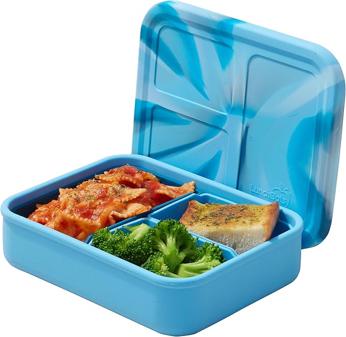 LunchBots Build -a- Bento Lunch Box, Silicone Bento Box for Kids, Multi-Compartment Lunch Container, Oven & Dishwasher Safe, BPA Free, 32 oz - Tie Dye Light Blue