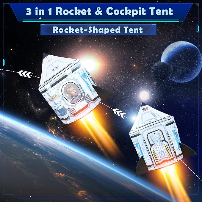Rocket Ship Kids Play Tent: 3Pcs Toddlers Pop Up Ball Pit and Play Tunnel for Indoor Outdoor, Spaceship Baby Playhouse Toys for 1-3 Year Old Boys Girls (3 in 1 Kids Tent)