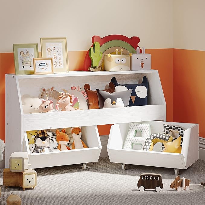 ZOPEND Toy Storage and Organizer for Kid, Large Toy Bin Bookcase Toy Cabinet with Two Moveable Drawers, Children Toddler Storage Carbinet with Wheels for Playroom, Bedroom, Nursery (White, Regular)