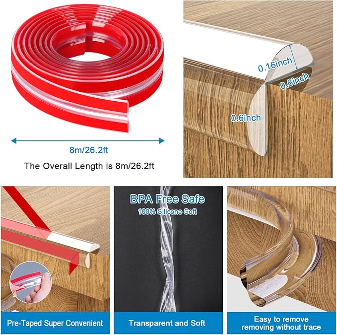 Baby Proofing, 0.6in Edge Protector Strip Clear, Thickened Silicone Soft Corner Protectors with Upgraded Pre-Taped Strong Adhesive, 26.2ft Edge Protectors for Cabinets, Tables, Drawers