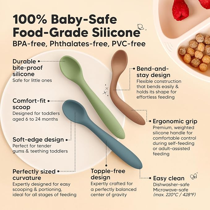 KeaBabies 3-Pack Silicone Baby Spoons and 3-Pack Waterproof Baby Bibs for Eating - Toddler First Food Training Spoon - Lightweight Boys & Girls Bib with Food Catcher