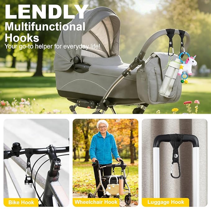 2-Pack Baby Stroller Hooks for Bags - Heavy Duty 2.48" Universal Stroller Clips with Reinforced Rope, Multi-Scene Use for Bikes, Backpacks & Camping Gear