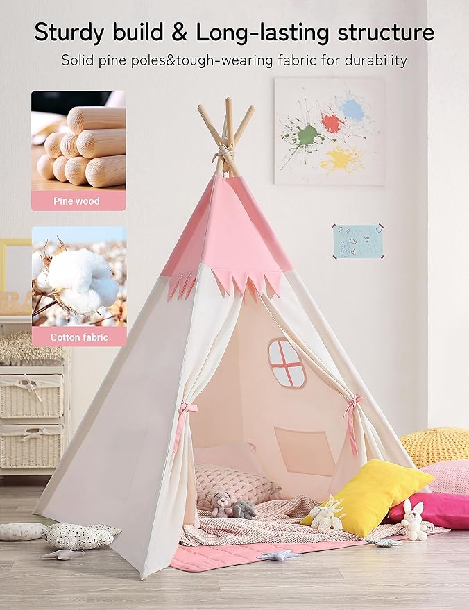 Teepee Tent for Kids Indoor,Kids Play Tent, Toddler Teepee Girls Boys, Baby Teepee, Children Room, Reading Tp,Canvas Playhouse with Lights and Mat (Peachy-Pink, Padded mat)