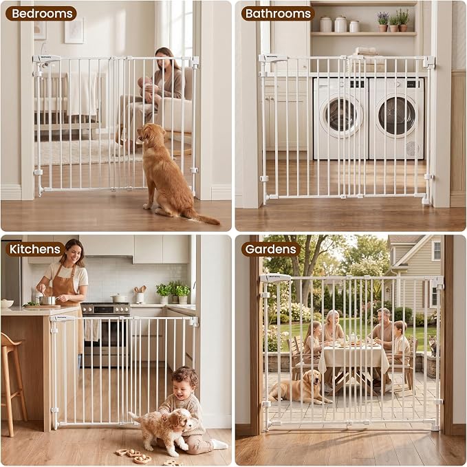 Mumeasy 36" Tall Baby Gate for Stairs, 29.5-43.3" Expandable Hardware Mounted (Drill Needed), Removable No Bottom Bar Dog Gate, Auto Close Wide Walk Thru Safety Gate for Doorways, Pets& Toddlers,White
