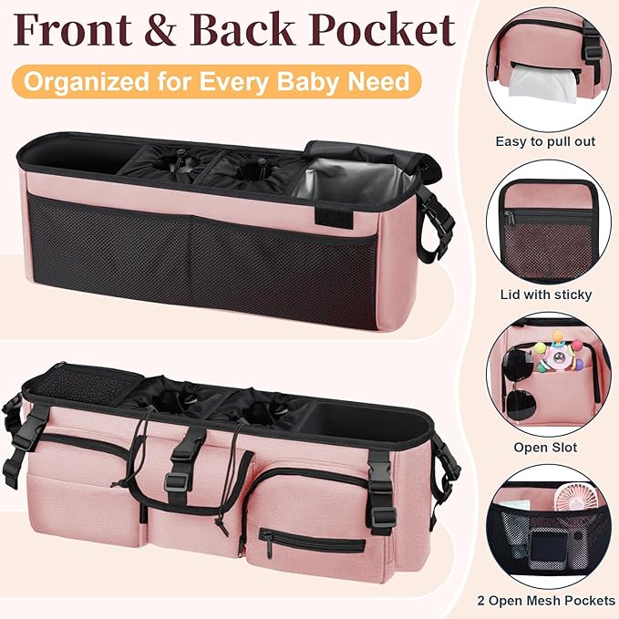 GDNasist Double Stroller Organizer Compatible with Bob Duallie and Baby Jogger City Mini GT2, Double Baby Stroller Accessories with Cooler Bag, Parent Console Double Jogging Stroller Caddy, Pink