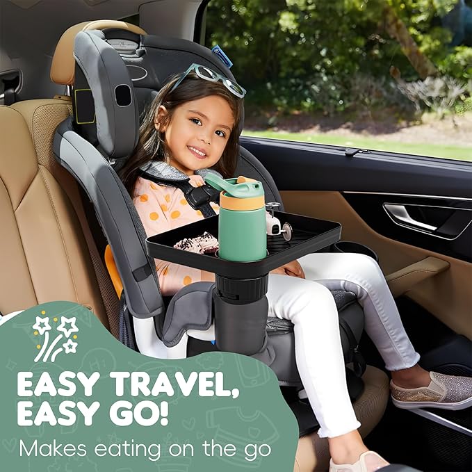 Upgraded Car Seat Tray for Kids Car Seat Tray with Expandable Base for Snacks, Toys, Books, Entertainment Kids Travel Essentials Fits 2.8''-3.2'' Cup Holders (1, Standard Base)