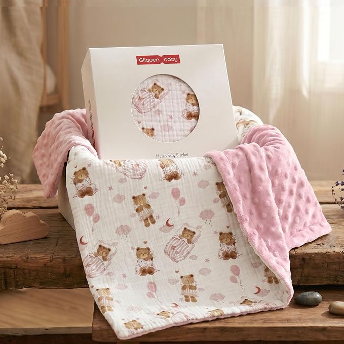 GLLQUEN BABY Blankets for Girls, Soft Muslin Cotton Front Dotted Fleece Backing, Nursery Minky Crib Blanket for Infant Toddler, 30 x 40 inches Throw Blanket, Pink Bear