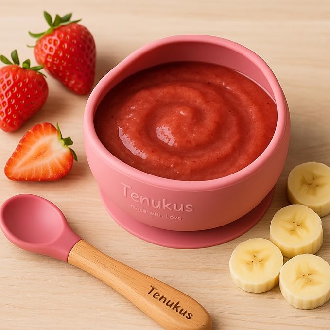 Silicone Suction Baby Bowl & Spoon Set – Soft Tip Spoon, BPA-Free, Dishwasher Safe – Rose Pink | Tenukus Feeding Set for Babies & Toddlers
