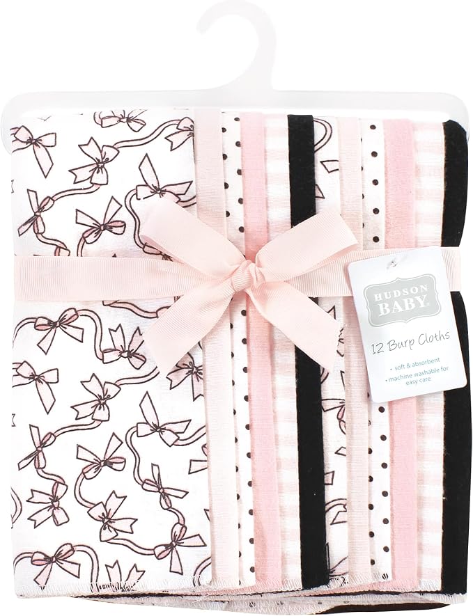 Hudson Baby Unisex Baby Cotton Flannel Burp Cloths Bundle, Pink Bows, One Size