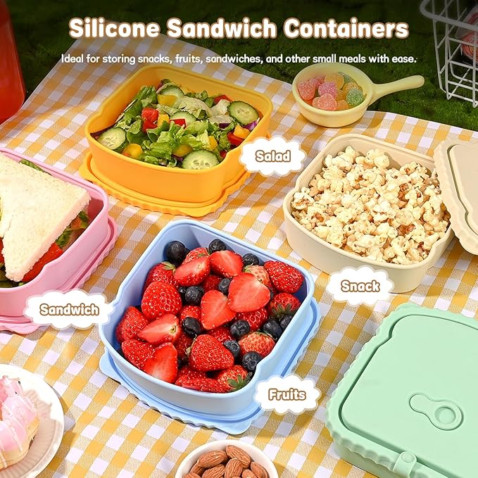 2 Pack Sandwich Containers, Silicone Snack Containers with Airtight Lids, Reusable Toast-Shaped Sandwich Box, BPA-Free, Dishwasher Safe, Food Storage Containers for Snacks & Fruits (A)