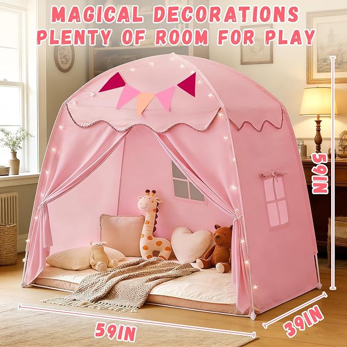 Extra Large Kids Play Tent with Star Lights & Flags, 2-Window Cone Wave Teepee for Boys & Girls, Portable Foldable Indoor Outdoor Dome Playhouse, 59.1x39.4x59.1 in, Pink