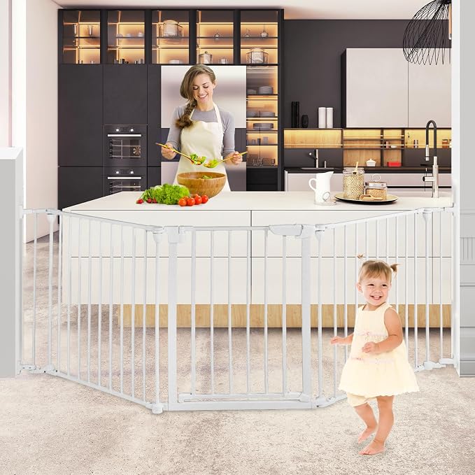 SHYUJAJIE Extra Wide Baby Gate, 30" Tall 71" Wide Configurable Baby Gate Fireplace Safety Fence, Metal Pet Safety Playpen for Toddler/Pet/Dog Christmas Tree Fence (Whtie,3-Panel)