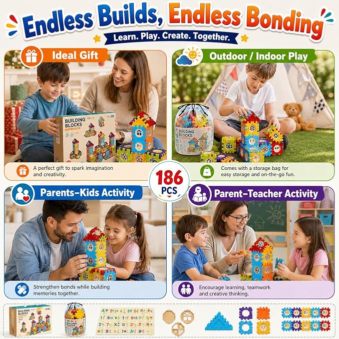Building Blocks for Toddlers 3-5, 186 Pcs Toy Building Sets - STEM Building Toys, Interlocking Building Blocks for Toddlers and Kids with Storage Bag, for Boys and Girls