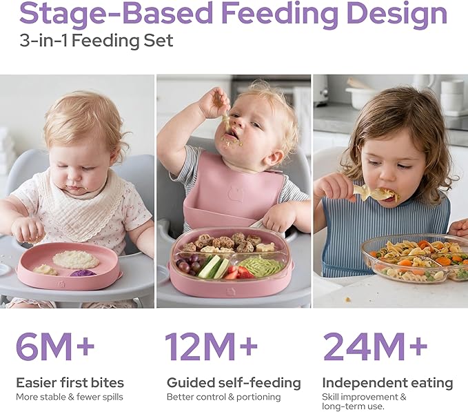 3-in-1 PPSU Baby Suction Plates with Spoon & Fork - Premium Bottle-Grade Silicone Divided Dishes, Stage-Based Self-Feeding Dinnerware 6M-3Y, BPA Free Odor & Stain Resistant, Microwave Dishwasher Safe
