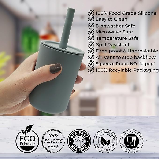 Silicone Toddler Smoothie Cups with Straw, Unbreakable Training Cup with Straw for Babies and Toddlers for less mess, BPA-Free Silicone Baby cup, 6+ Month, 6oz, 4 pack Pink/Grey