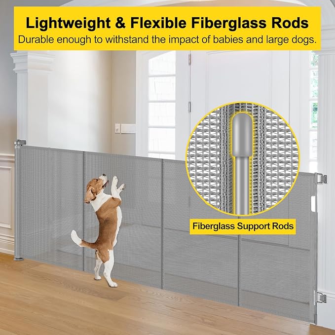 Reinforced 42??Extra Tall x 80??Wide Retractable Baby Gates with Rods to Prevent Crawling Through, Extra Tall Dog Gate for Large Openings Indoor Long Mesh Pet Gate for Stairs and Doorways, Gray