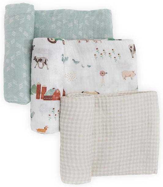 Little Unicorn Muslin Swaddle Blanket for Newborns & Infants | Soft & Breathable Fabric | Set of 3 Baby Blankets for Swaddling, Nursing, Shower Gifts (Farmyard)