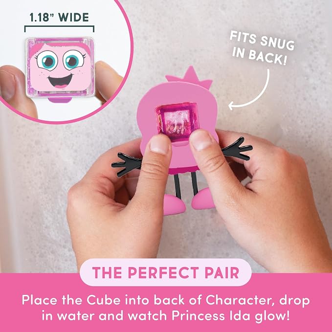 Glo Pals Water Activated Light-Up Story Book Sensory Bath Toy Bundle with Interactive Book, Magic Magnifier, 2 Reusable Cubes and Character, Princess Ida