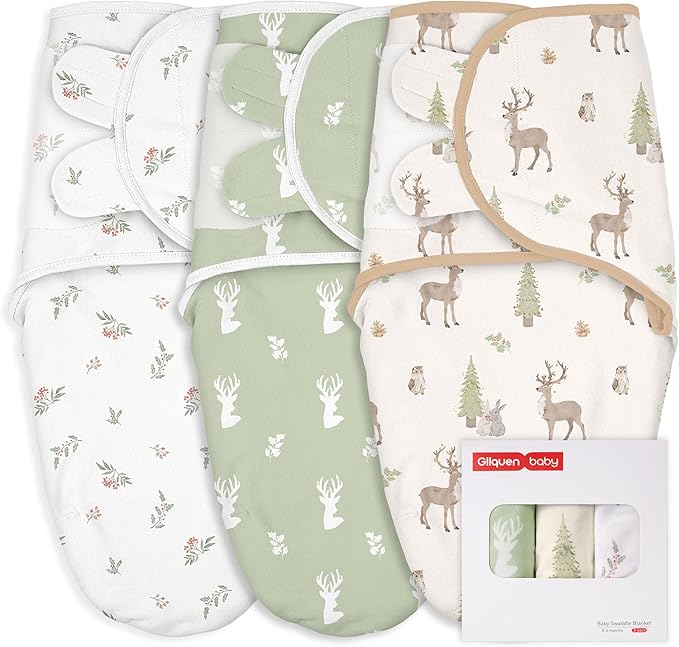 GLLQUEN BABY Girl Swaddles 0-3 Months, 3-Pack Baby Swaddles for Newborn Boys, Girls, Infant Sleep Sack, Easy Swaddling Wrap Blankets, Green & White, Nursery Swaddle Essentials