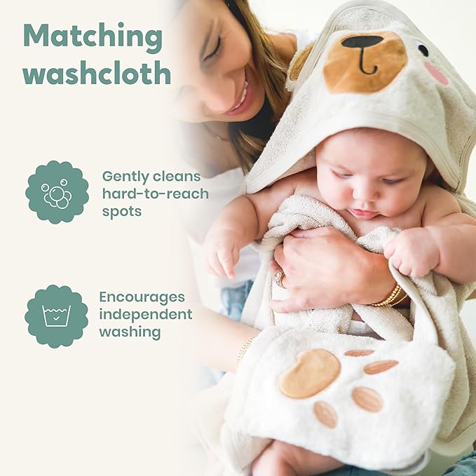 CuddleBug Hooded Baby Bath Towel & Washcloth Set (Bear) - 100% Cotton Terrycloth Hooded Baby Towels for Newborn & Toddler - Super-Soft & Absorbent, Newborn Essentials (33" x 33") - Honey Beige