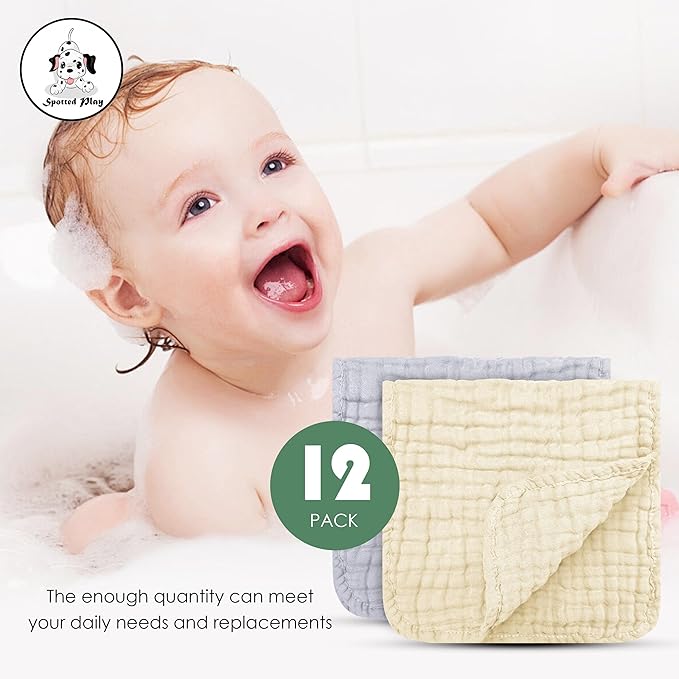 Spotted Play Muslin Burp Cloths 100% Cotton Large 20''x10'' Extra Soft and Absorbent Baby Wash Cloths Spit Up Rags - Baby Burping Cloth for Boys Girls Items(12 Pack Ivory, Slate and Emerald Series)