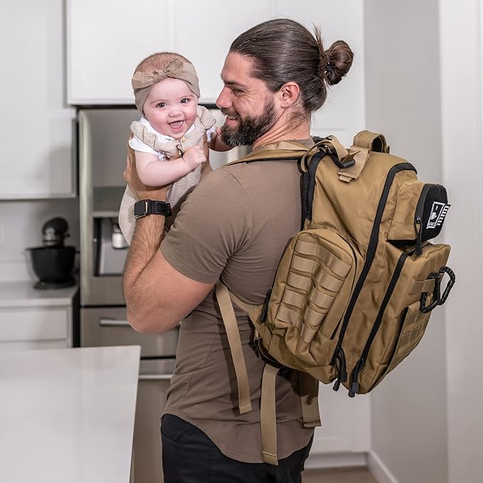 Tan Dad Diaper Bag - Molle-Style Military Diaper Backpack Made of Rugged 900D Waterproof Polyester with Wider Extra-Long Straps, Pouch for Dirty Diapers, Baby Wipes Dispenser & Insulated Pockets
