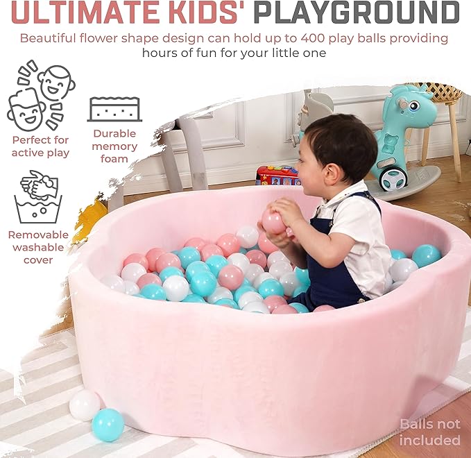 Baby Ball Pit - Premium Velvet Memory Foam Ball Pit for Toddlers 1-3 and Babies - Large Pink Flower Baby Ballpit - Indoor Soft Play Equipment for Kids - Pink - Balls NOT Included