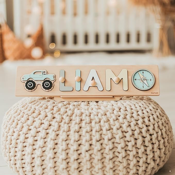 Personalized Name Puzzle Montessori Toys Nursery Decor Customized Puzzle Educational Toy for a 1 Year Old Gifts Kids Name Sign for Nursery Easter Present for Baby (Pastel Boy)