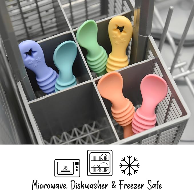 PrimaStella 6-Piece Silicone Baby Feeding Spoons - First Stage Infant Spoons, Soft-Tip Baby Training Spoon - Infant Utensils Feeding Supplies - Dishwasher & Boil-proof (Blue/Green)