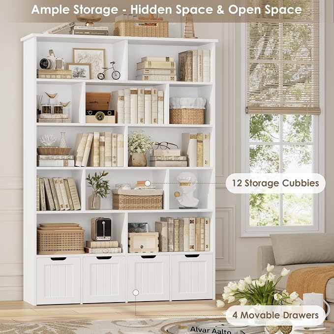 FINETONES 69" H Toy Storage Organizer, 6 Tier Tall Kids Bookshelf with 4 Movable Drawers and 12 Storage Cubbies, 49.4" W Toy Organizers and Storage Organizer Playroom Storage for Kids Room