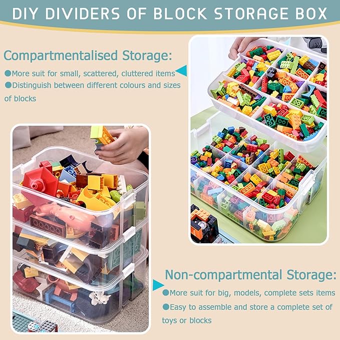 Plastic Storage Organizer for Lego Box Kids Child Toy Stackable Containers with Lids Bins 3 Layers Adjustable Compartments Building Blocks Chest Case