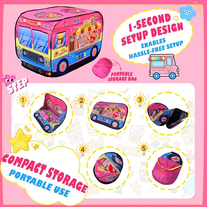 Ice Cream Truck Instant Play Tent for Kids, Play Tent One Second Setup Indoor Outdoor Children's Playhouse Foldable Pretend Play Toddler Toys Birthday Gift for Boys Girls Ages 3 4 5 6 Year Old