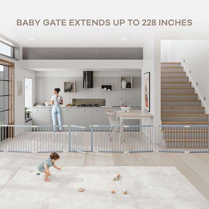 Comfy Cubs Baby Gate Playpen - 57 x 57 x 25 in, Extends Up to 228” - Pine Wood Foldable Playpen with Child-Proof Lock - Easy Assembly Baby Fence Play Area for Babies & Toddlers - Pacific Blue