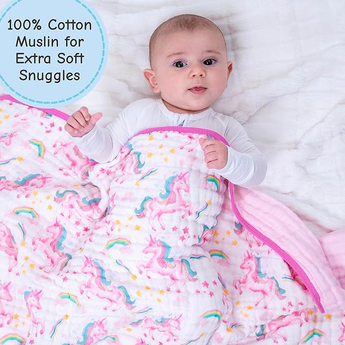 LollyBanks Baby Blanket, 100% Organic Cotton Muslin Baby Quilt for Girls, Large 47 x 47 Inches, 6 Layers Soft and Breathable Toddler Blanket, Cozy Newborn Nursery Blankets, Registry (Unicorn Print)