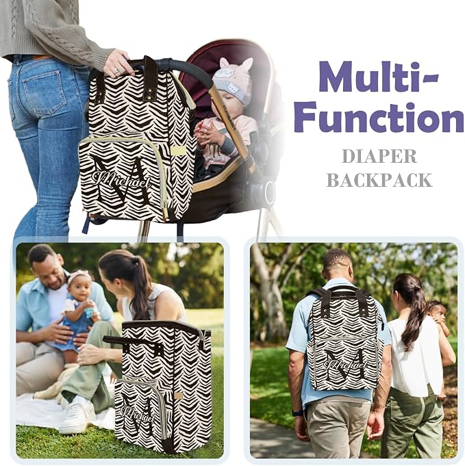 Custom Diaper Backpack, Upgraded Large Capacity, Personalized with Name, Multifunction Mommy Bag, Boys & Girls, Zebra