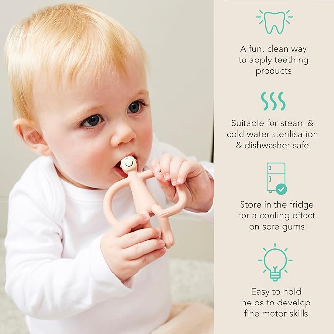 Matchstick Monkey Original Teether & Gel Applicator – Silicone Baby Teether, Easy-to-Grip, BPA-Free, Supports Self-Soothing & Early Brushing, 3 Months+, 4 Inches, Duty Pink