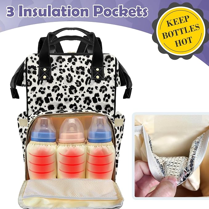 Personalized Diaper Changing Backpack - Upgraded Large Capacity with Insulated Pockets - Baby Bag for Girls, White Leopard
