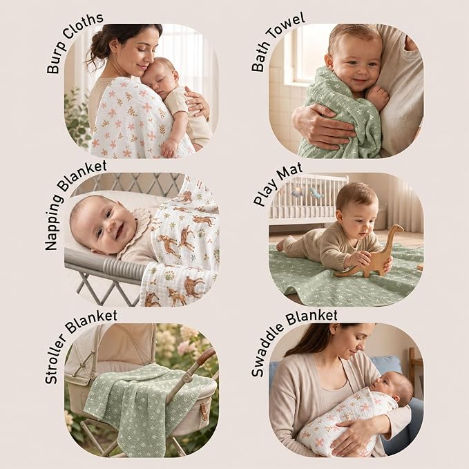 GLLQUEN BABY Muslin Swaddle Blankets 4-Pack Breathable Receiving Blankets (35" x 40") Soft Baby Blankets for Girls and Boys Newborn Essentials Muslin Swaddle Wrap Baby Gift(Deer)