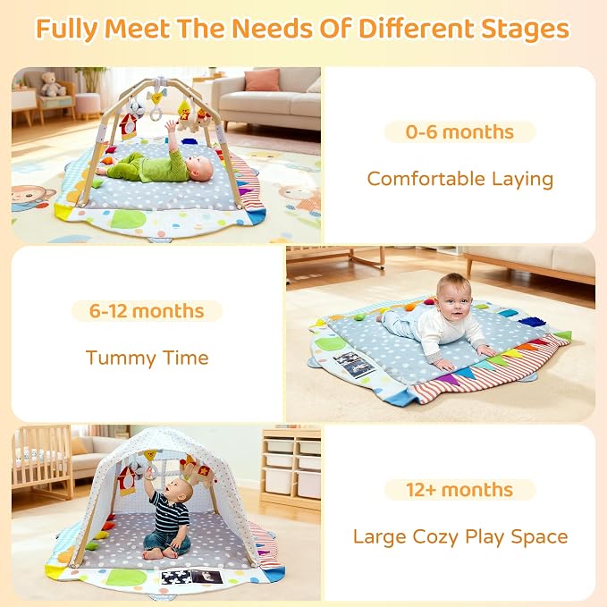 Kizfarm Baby Play Gym Mat, 5 Developmental Zones Wooden Tummy Time Mat, Baby Activity Mat with 5 Detachable Sensory Toys, Stage-Based Development from Newborn Infant, Baby Essentials Shower Gift
