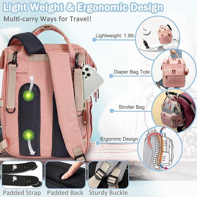Black Diaper Bag Backpack, Multifunctional Waterproof Mommy Bag with Changing Pad, USB Port, Stroller Straps, Large Capacity Baby Travel Bag (pink)